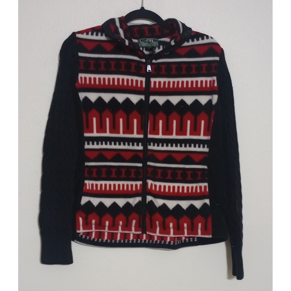 Lauren Ralph Lauren Active Fleece Jacket Red Black Southwestern Cable Knit L